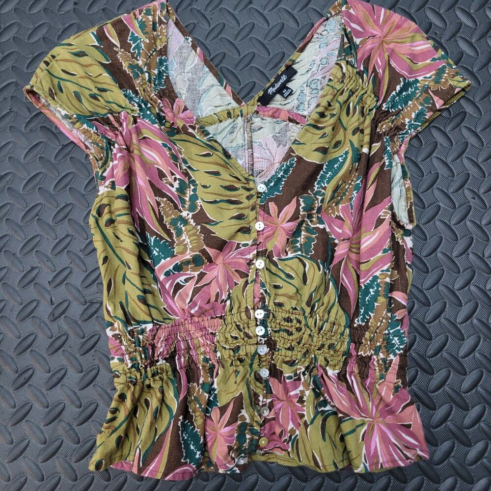 Madewell Linen Blend Tropical Peplum Top XS Boho Hawaiian Monstera Resortwear